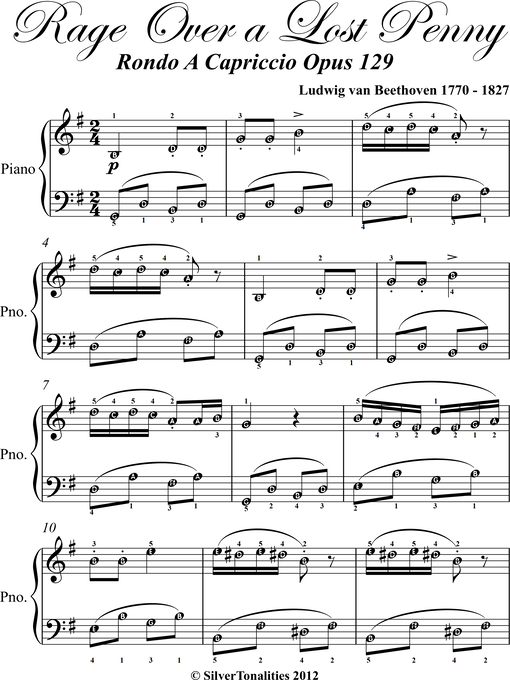 Cover image for Rage Over a Lost Penny Easy Piano Sheet Music